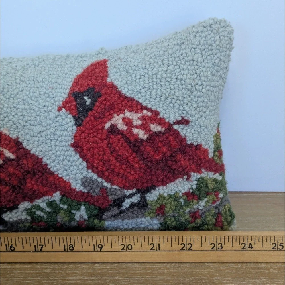 Cardinals Red Birds Wool Latch Hook Velvet Lumbar Decorative Pillow 24
